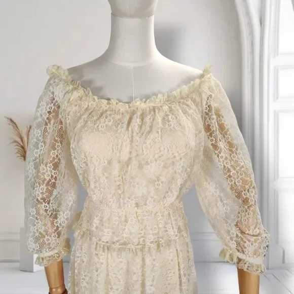 Vintage 70s Lace Puff Sleeve Midi Dress Size 4 Boho Wedding Cocktail - Picture 5 of 14